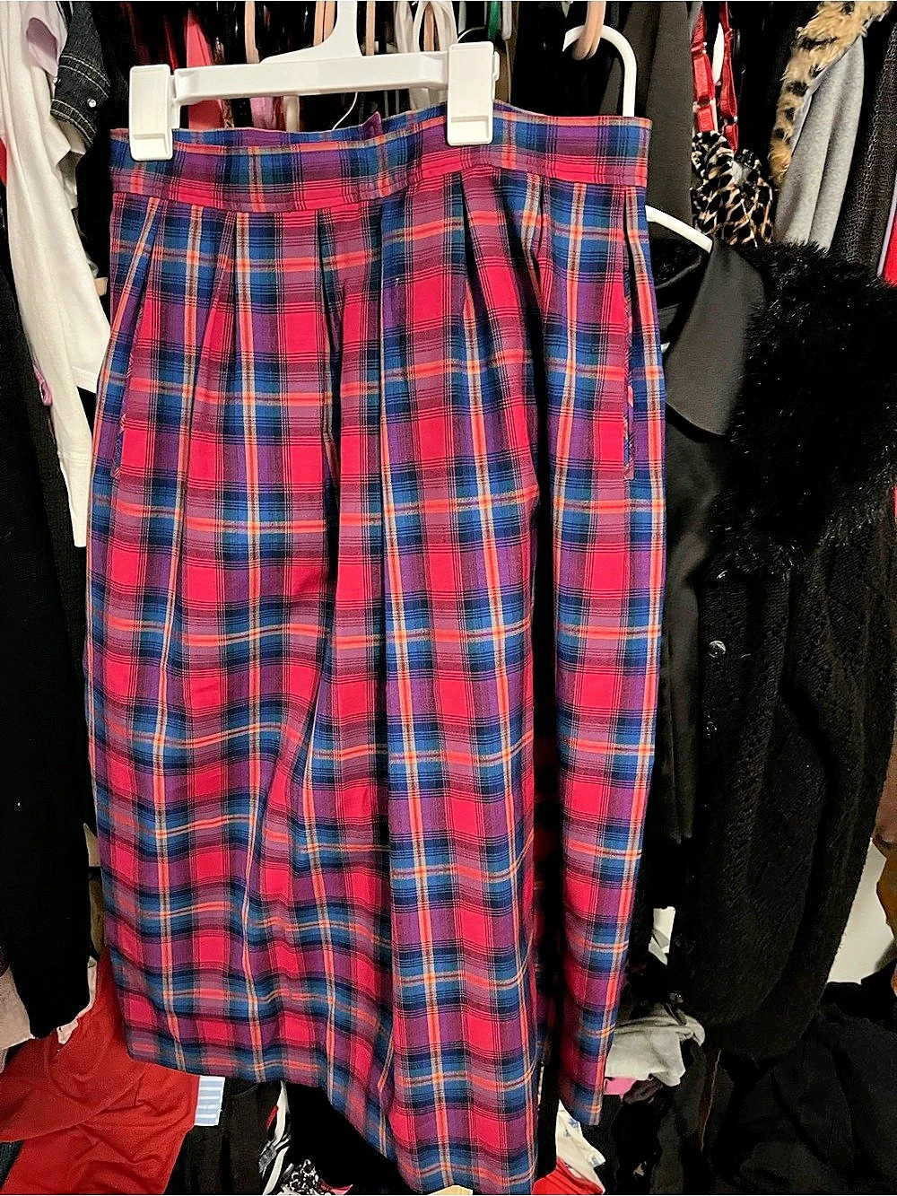 Pendleton Vintage Pleated Tartan Plaid Wool Midi Skirt in Pink & Blue
